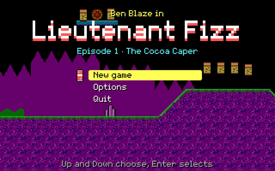 The game's title screen, with the two-tone Lieutenant Fizz logo, over a purple cave level